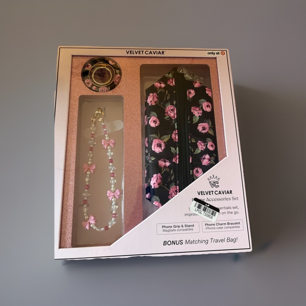 VELVET CAVIAR Phone Accessories Set Travel Bag + Grip + Bracelet - Rose Floral - Picture 1 of 3